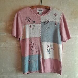 300a. light pink vintage patchwork embroidered beaded short sleeve sweater, S